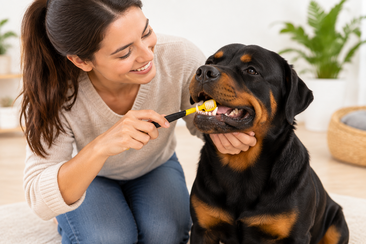 Black and yellow pet toothbrush with bristle head brushing a dog’s teeth