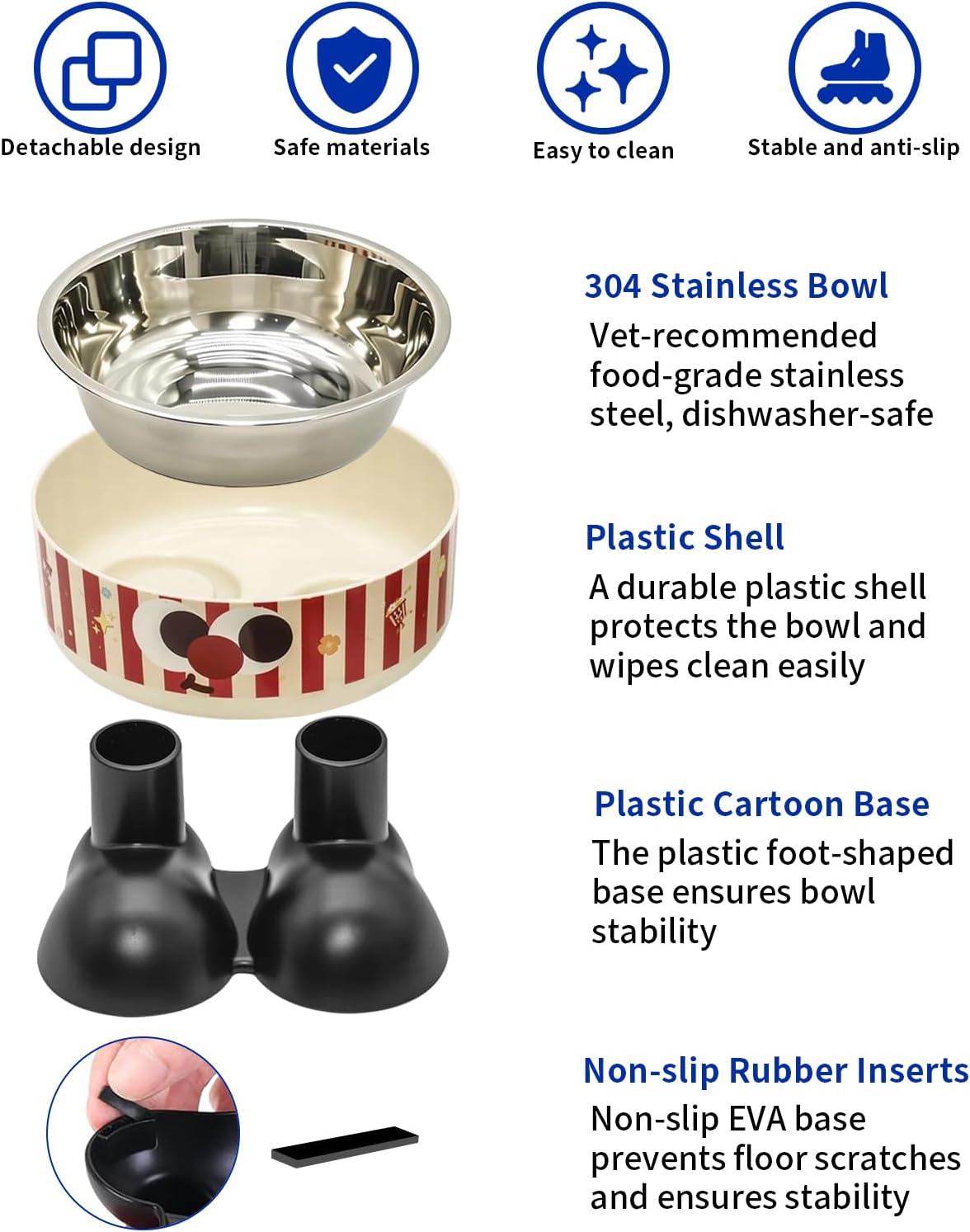 Elevated pet bowl parts diagram: stainless steel bowl, plastic shell, cartoon-striped base