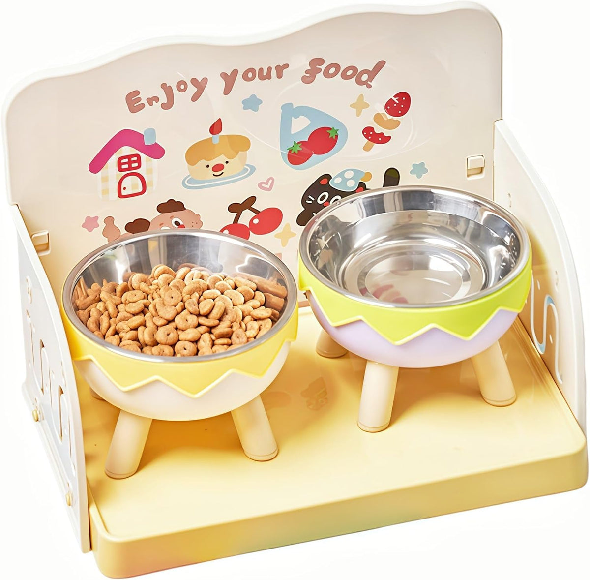 Two elevated stainless steel pet bowls with legs on a yellow feeder tray