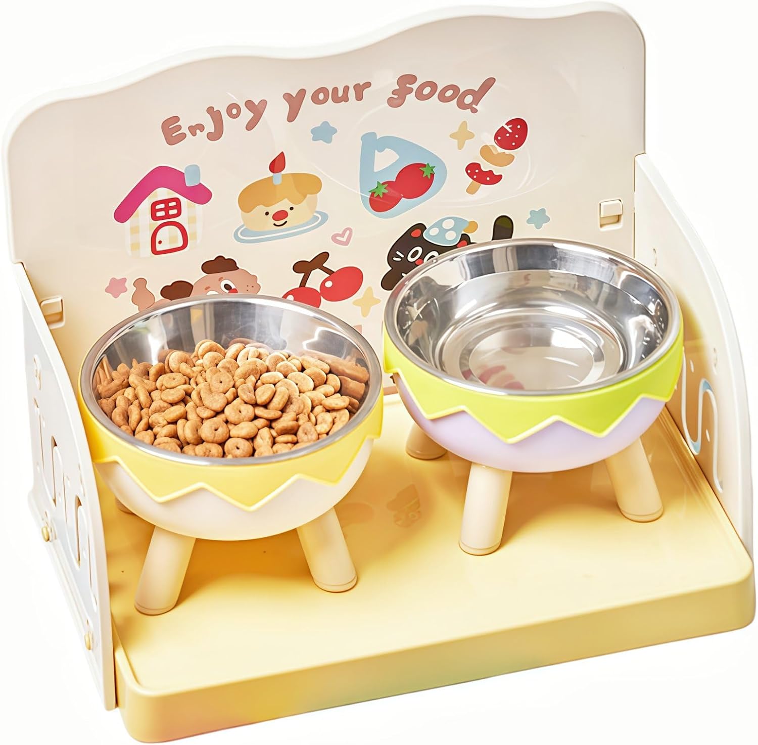 Two elevated stainless steel pet bowls with legs on a yellow feeder tray