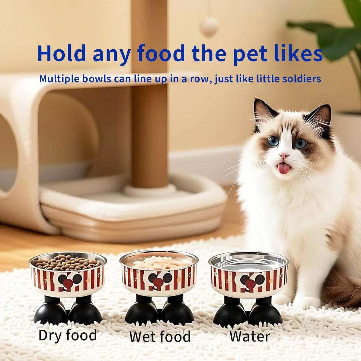 Set of elevated stainless steel pet bowls on black stands with red-and-white stripes