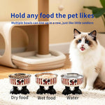 Set of elevated stainless steel pet bowls on black stands with red-and-white stripes