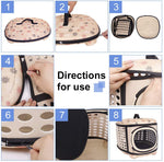 Foldable pet carrier handbag showing zip closure and mesh door attachment