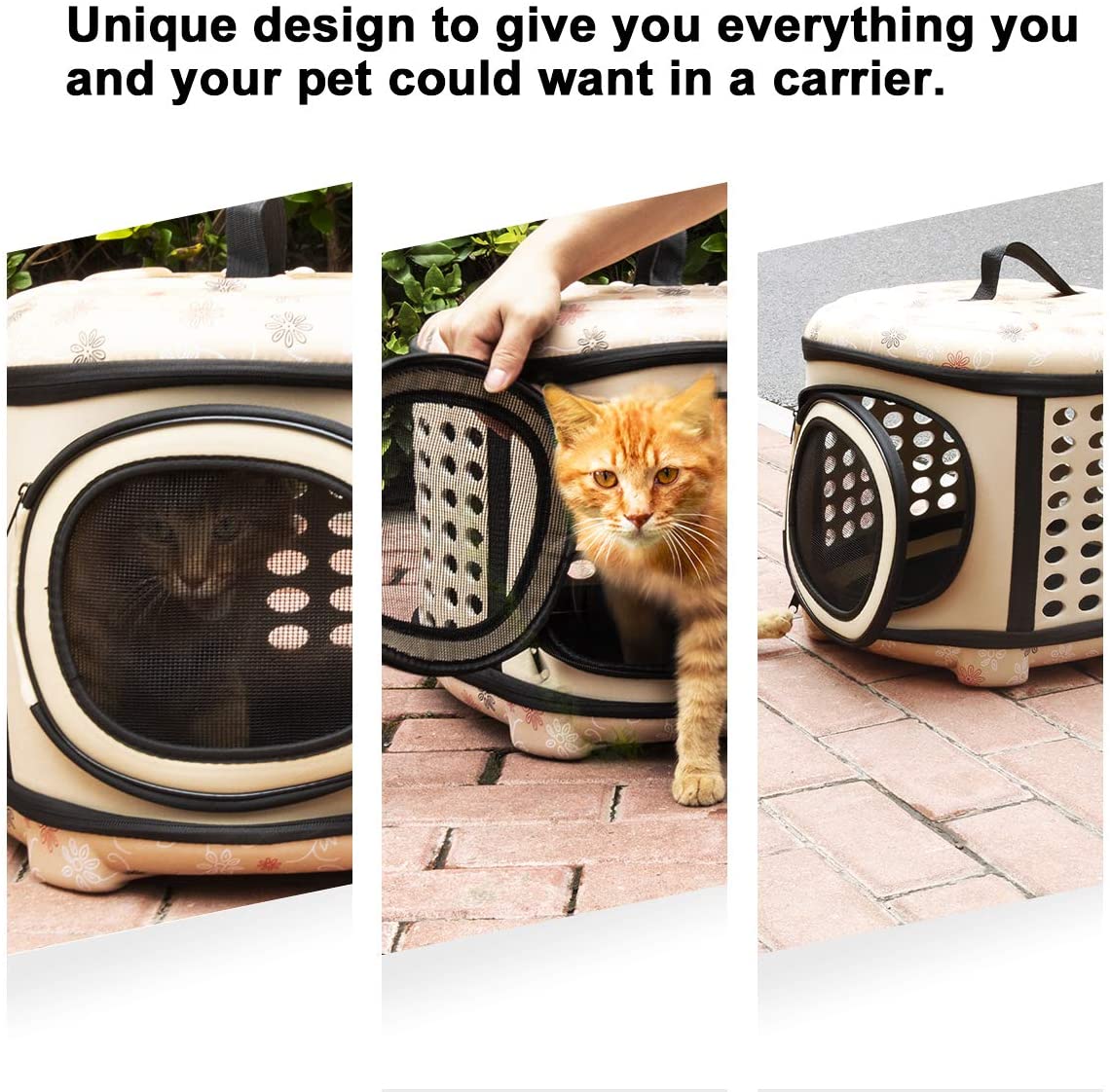 Beige foldable pet carrier with black trim, front mesh door, and an orange cat inside