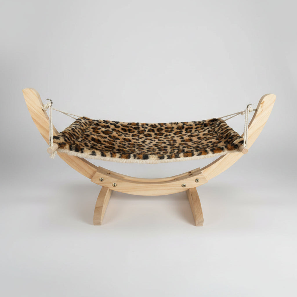Cat hammock wooden bed with dark leopard print fabric sling