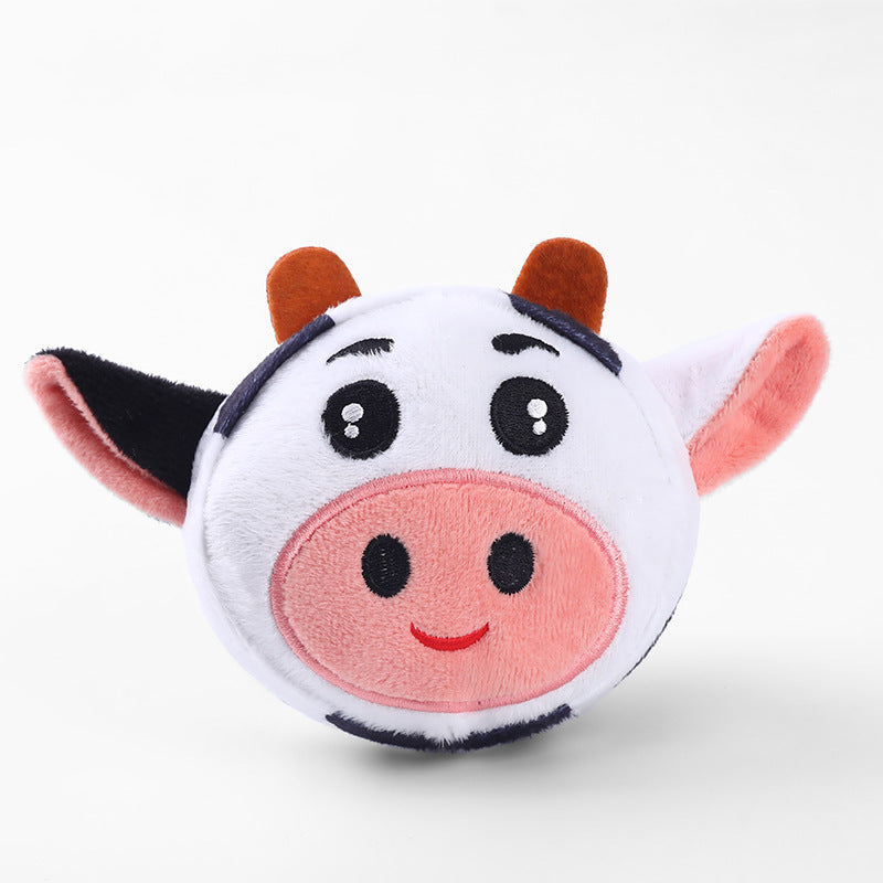White cow-faced bite-resistant teething plush toy with pink nose and dark ears