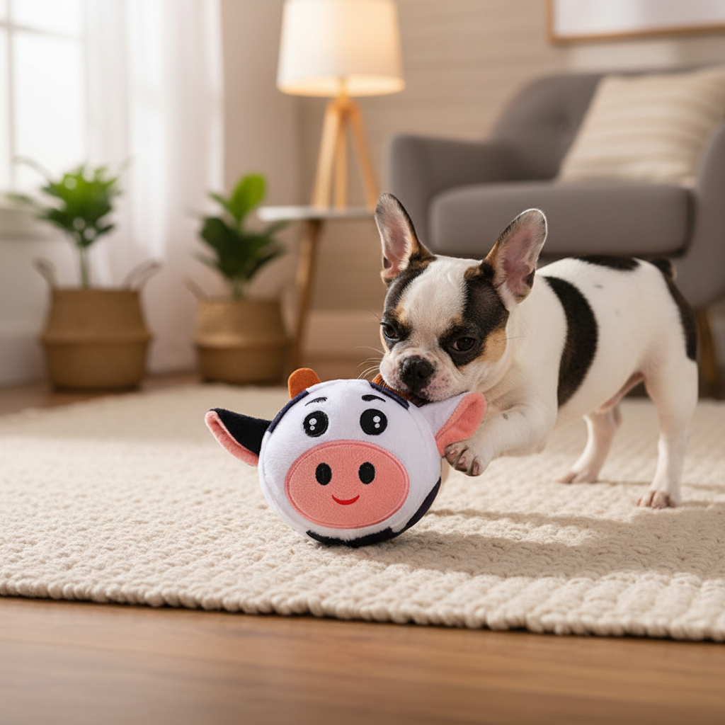 Vocal teething plush toy with a pink pig face and soft plush ears