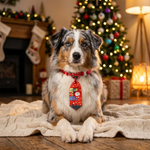 Pet Christmas necktie in red with colorful holiday print, secured under the chin.