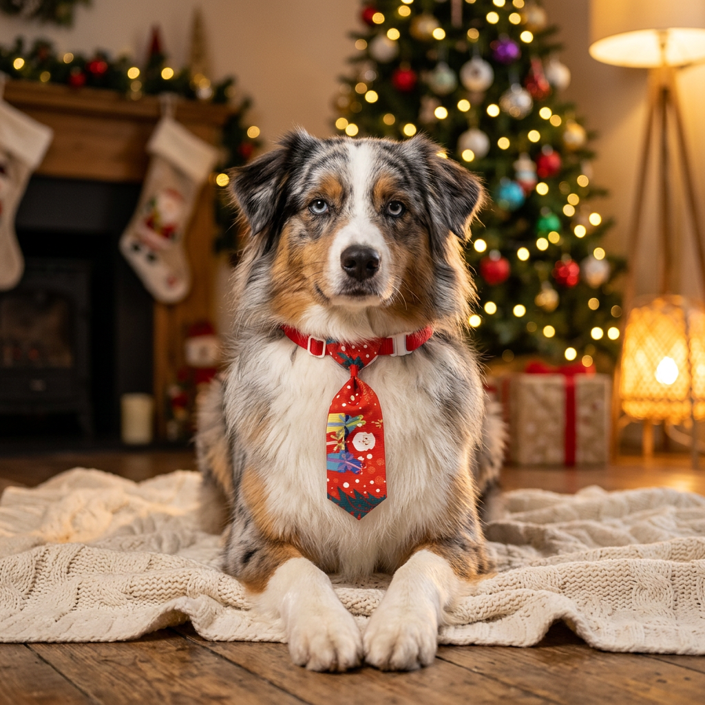 Pet Christmas necktie in red with colorful holiday print, secured under the chin.