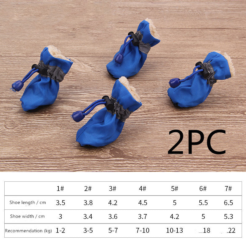 Blue dog soft-soled pet shoes with paw-pull cords and fleece trim, set of 2.