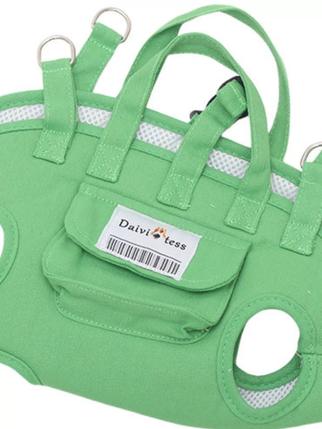 Green portable pet carrier harness with front pocket and metal D-ring attachment