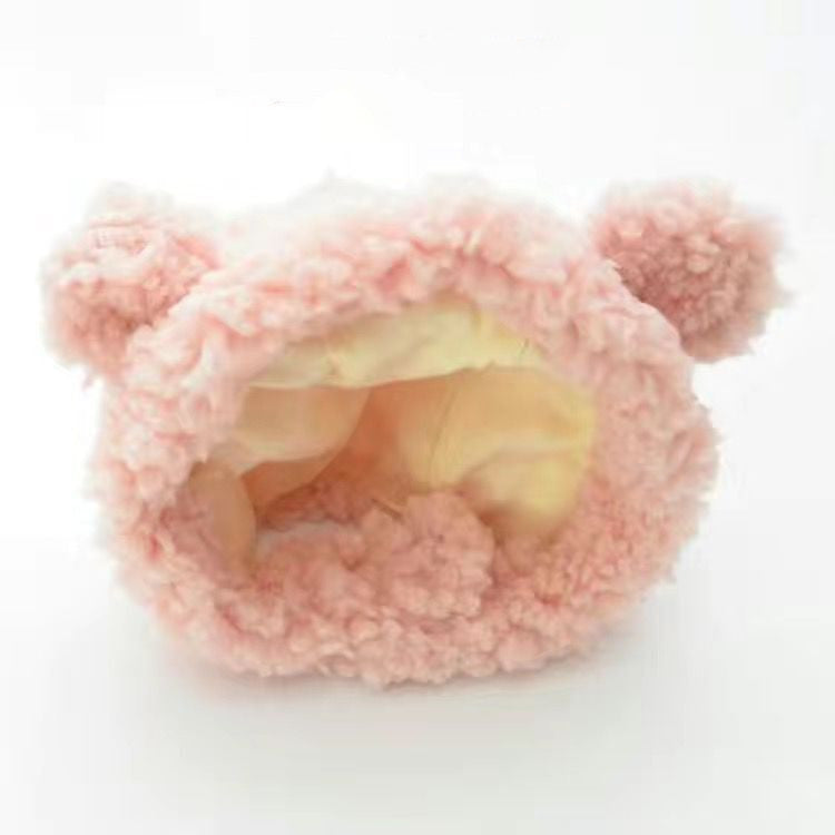 Pink bear-eared plush pet hood interior lining with face cutout opening