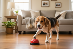 Dog near a red pet training bell with black base and paw button