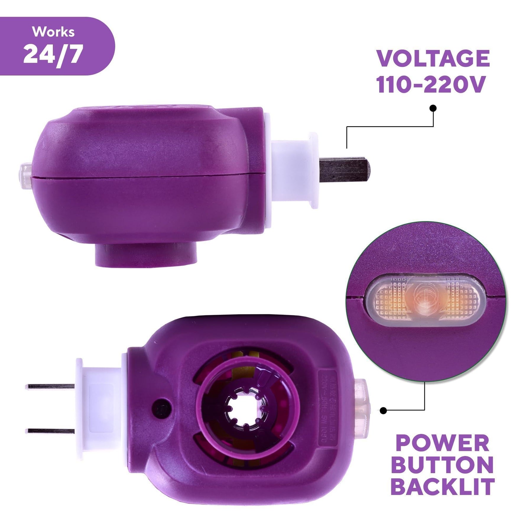 Purple plug-in diffuser close-up with power button backlight and 110–220V voltage