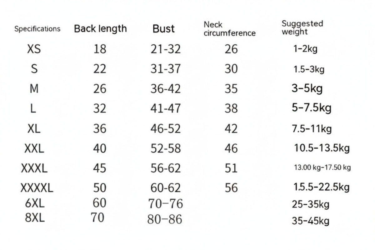 Size chart for waterproof pet raincoat: XS–8XL back length, bust, neck, and suggested weight