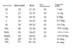 Size chart for waterproof pet raincoat: XS–8XL back length, bust, neck, and suggested weight