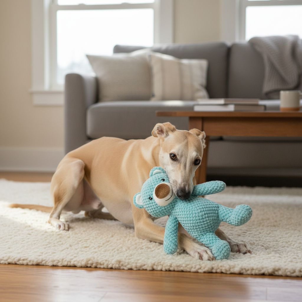 Teal plush bear pet toy with brown nose and small curved ears
