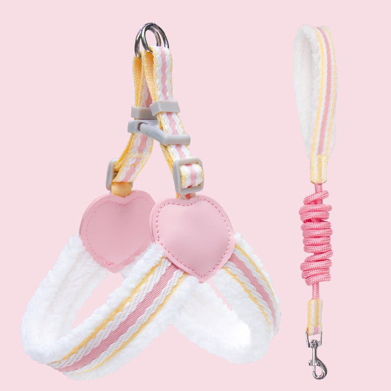 Pink heart chest dog harness vest with breathable straps and coiled walking leash