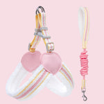 Pink heart chest dog harness vest with breathable straps and coiled walking leash