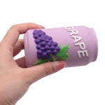 Grape latex squeaky dog toy, light purple bottle with white cap and grape graphic close-up