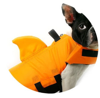 Orange dog swim suit laid flat, showing hood flotation and black strap points