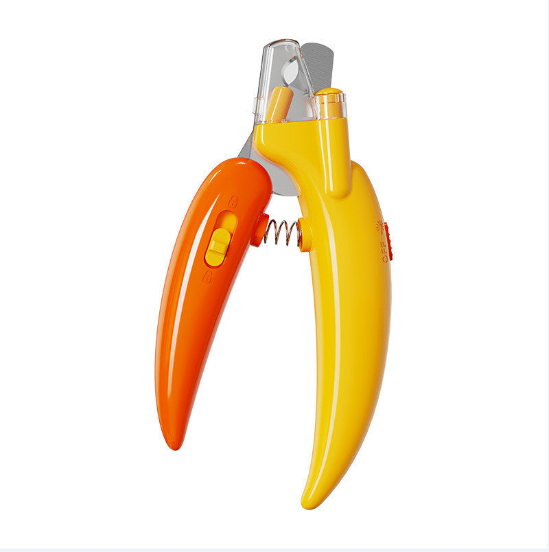 Yellow LED pet nail clippers with safety guard, open clamp and clear guard window