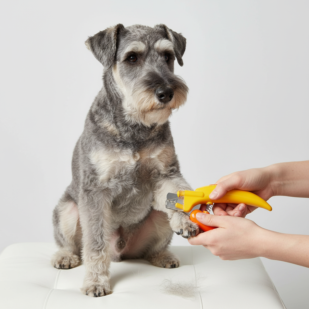 Yellow pet nail clippers with safety guard, being used on a gray dog