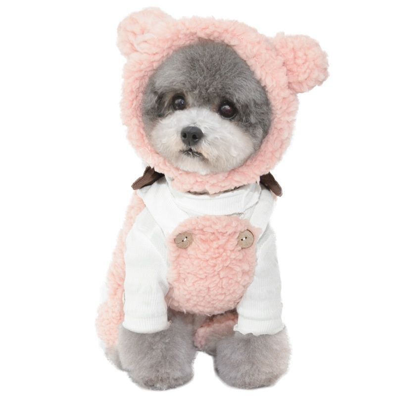 Pink bear-eared plush pet hood with gray pet face opening and fuzzy lining