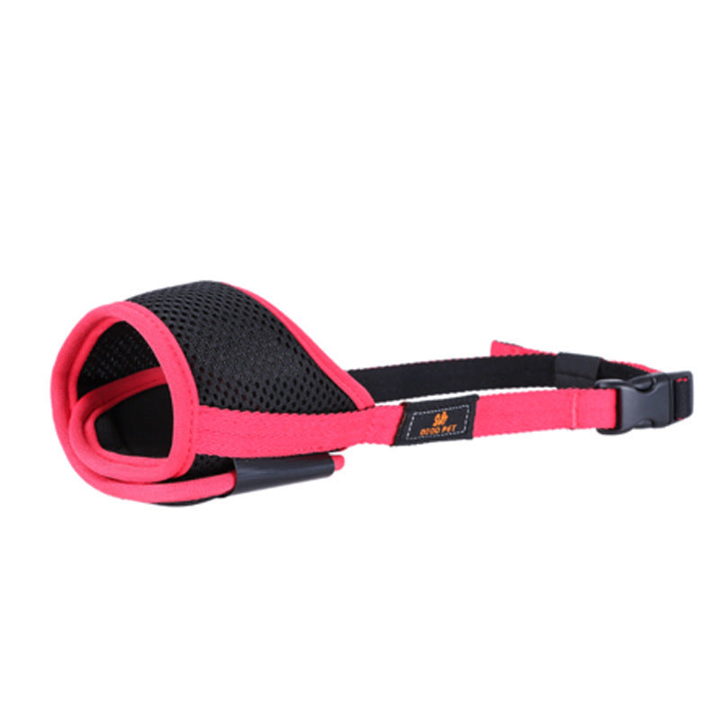 Pink-and-black adjustable pet muzzle mask with mesh guard and buckle