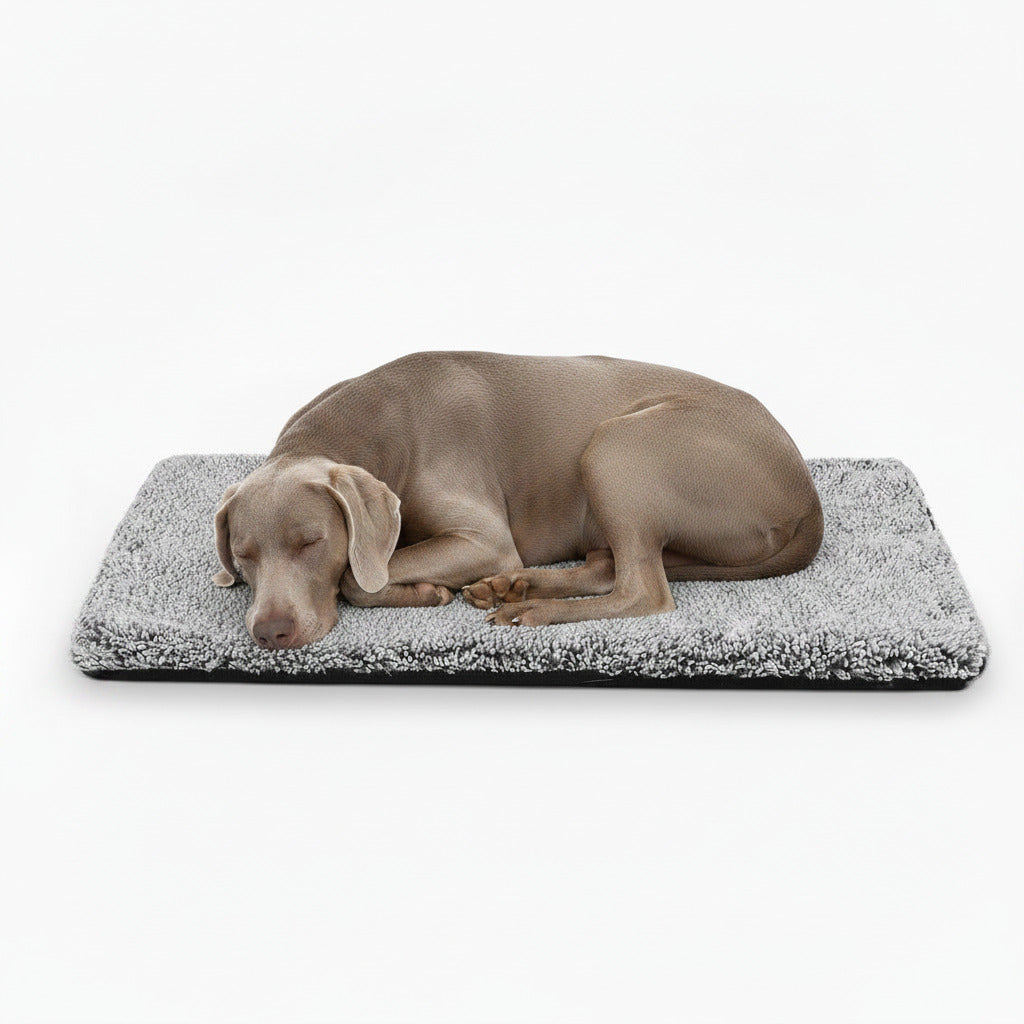 Gray and beige pet mattress with thick cushioned base and raised edges
