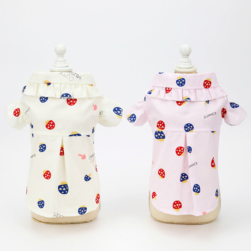 Cream and light pink pet shirts with red/blue mushroom print and ruffle collars