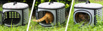Gray foldable pet carrier with green dotted panel and top opening, cat inside
