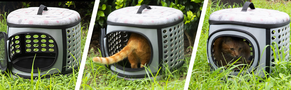 Gray foldable pet carrier with green dotted panel and top opening, cat inside