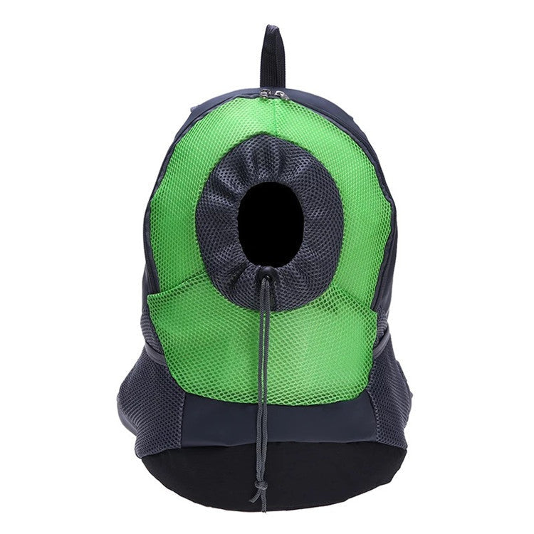 Pet travel backpack green with circular mesh pet window and adjustable front straps