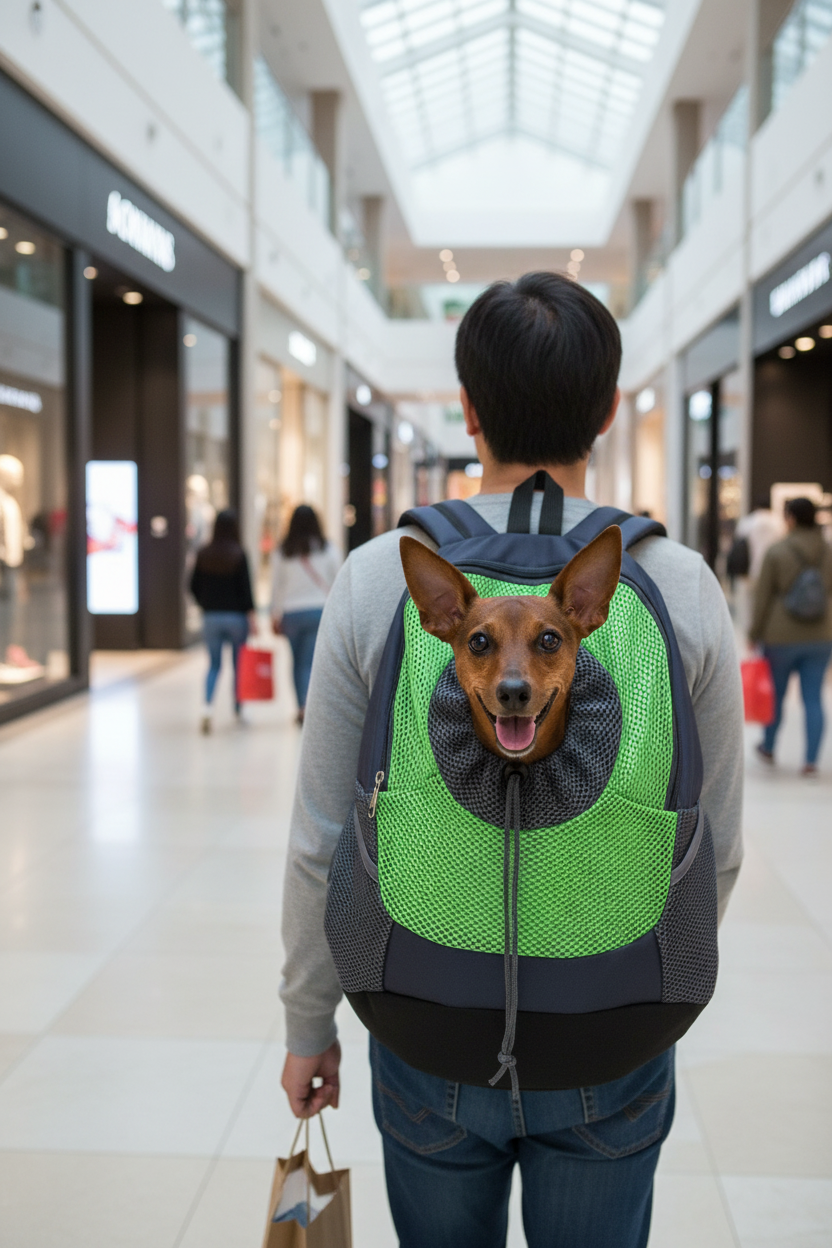 Pet travel backpack with green mesh front, worn with a brown dog inside