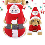 Red Christmas pet four-leg sweater with white trim and Santa hat-style hood