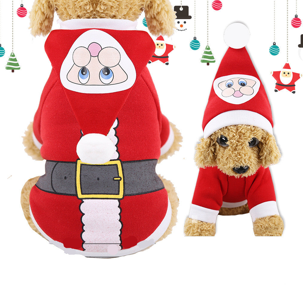 Red Christmas pet four-leg sweater with white trim and Santa hat-style hood