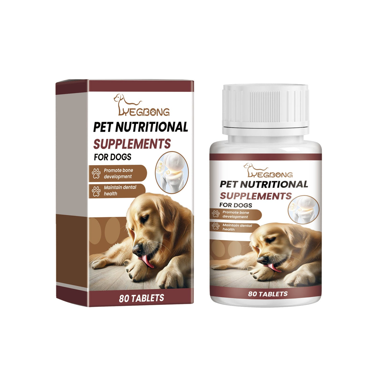 Dog calcium tablet supplement box and bottle, 80 tablets