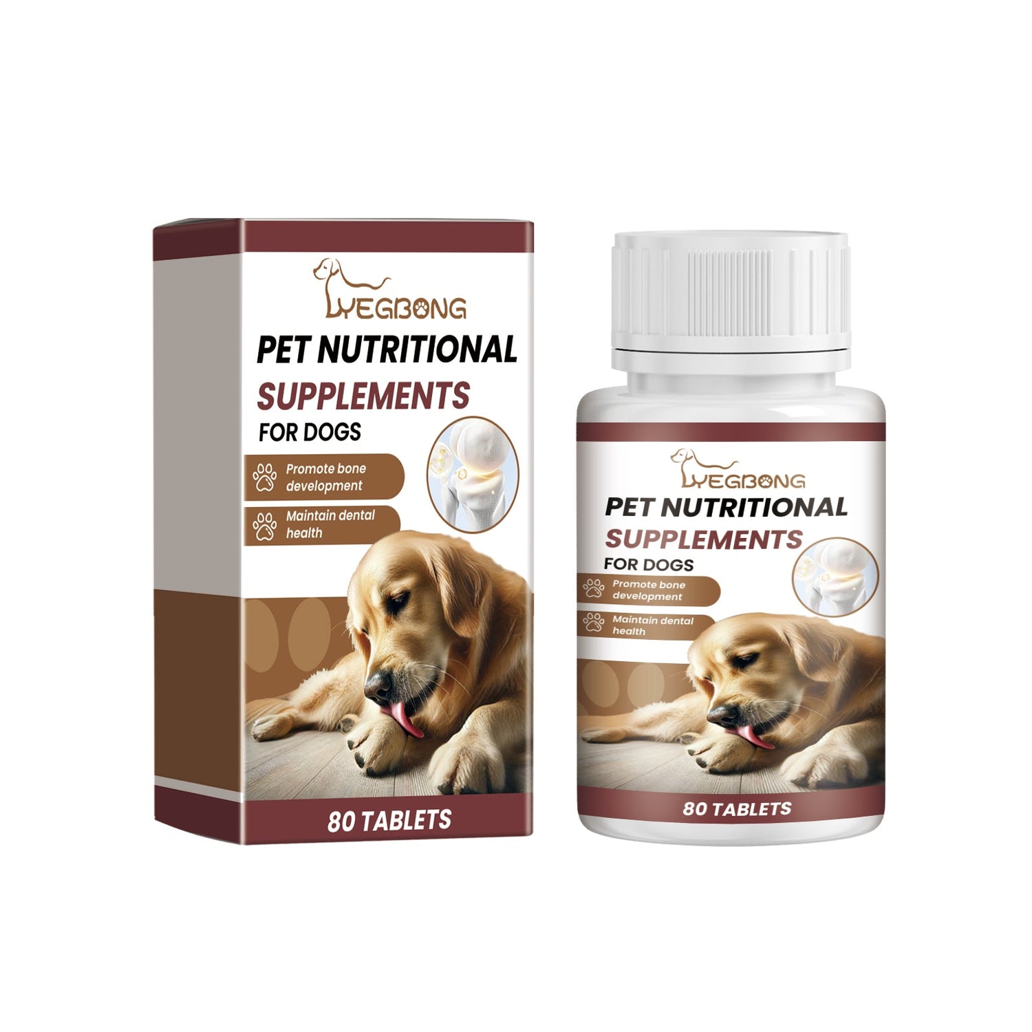 Dog calcium tablet supplement box and bottle, 80 tablets