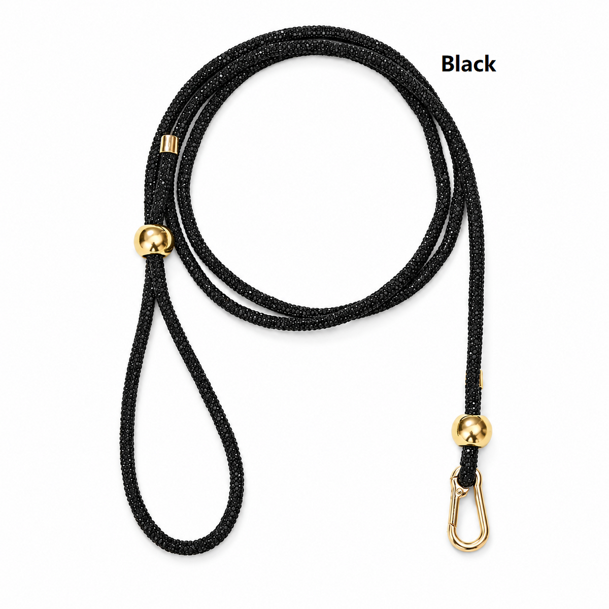 Black rhinestone dog slip leash with gold clasp and loop handle, adjustable rope.