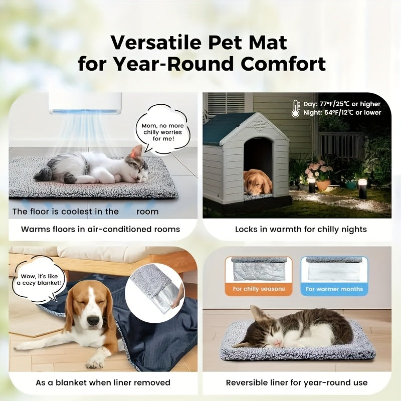 Reversible gray pet mattress with plush cover and insulated liner for year-round comfort