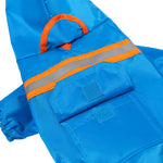 Blue reflective raincoat close-up with orange trim and gray reflective stripe