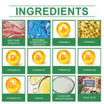 Multivitamin ingredients collage with vitamins A, D3, B12, E and folic acid