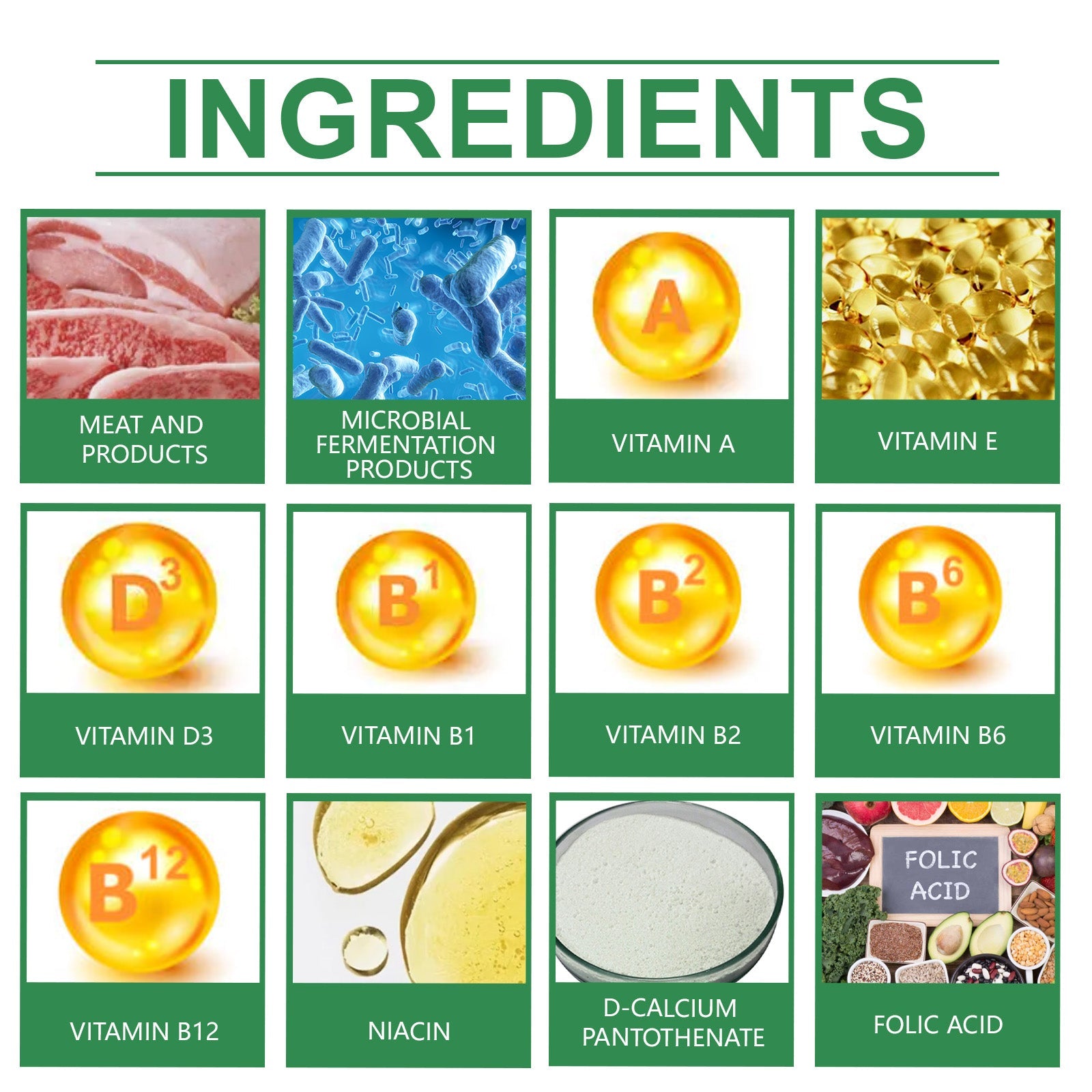 Multivitamin ingredients collage with vitamins A, D3, B12, E and folic acid