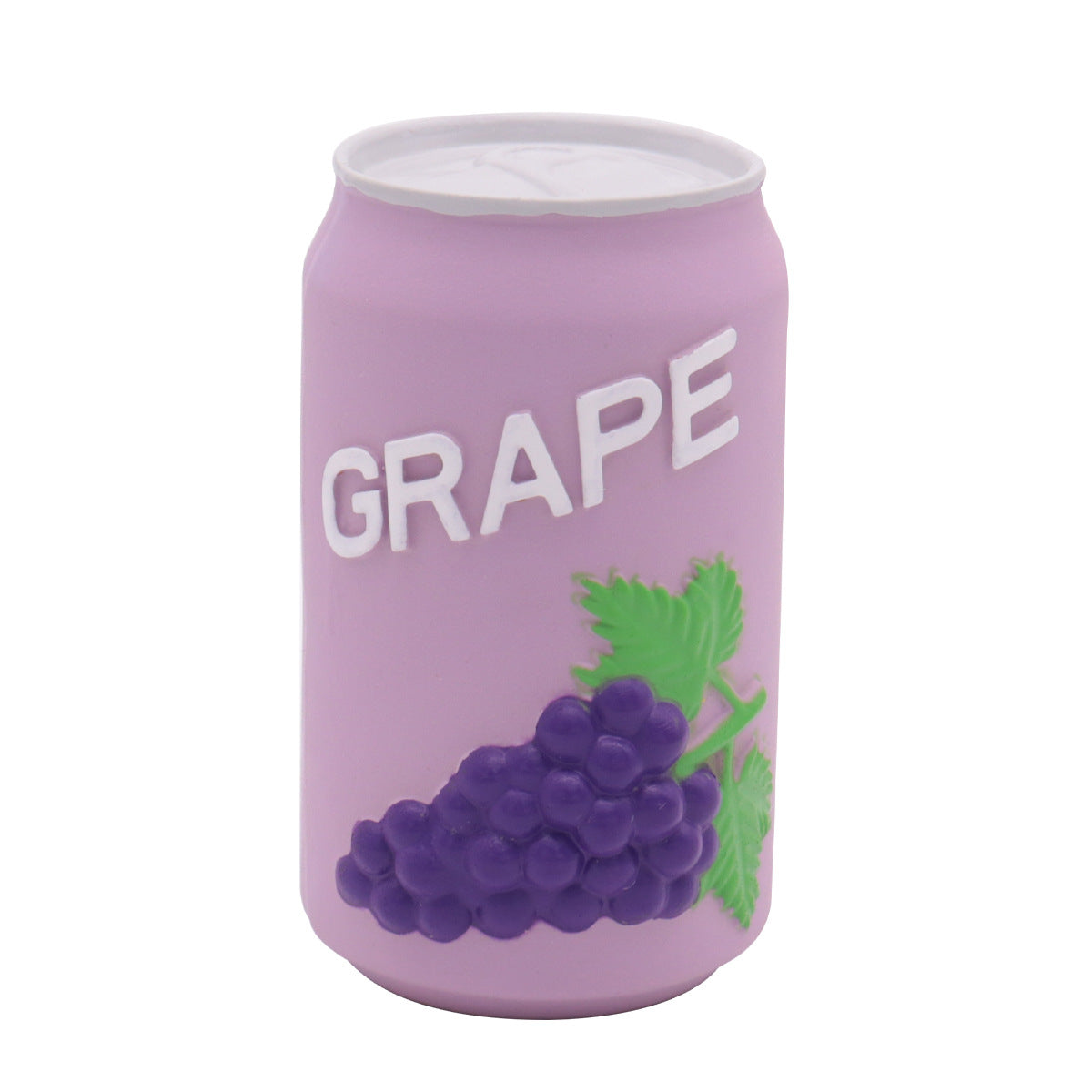Grape latex squeaky dog toy, purple bottle with white cap and grape graphic