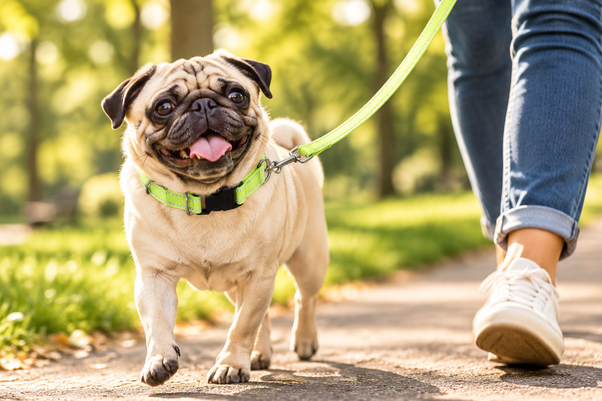 Green dog collar and matching leash on a pug during an outdoor park walk