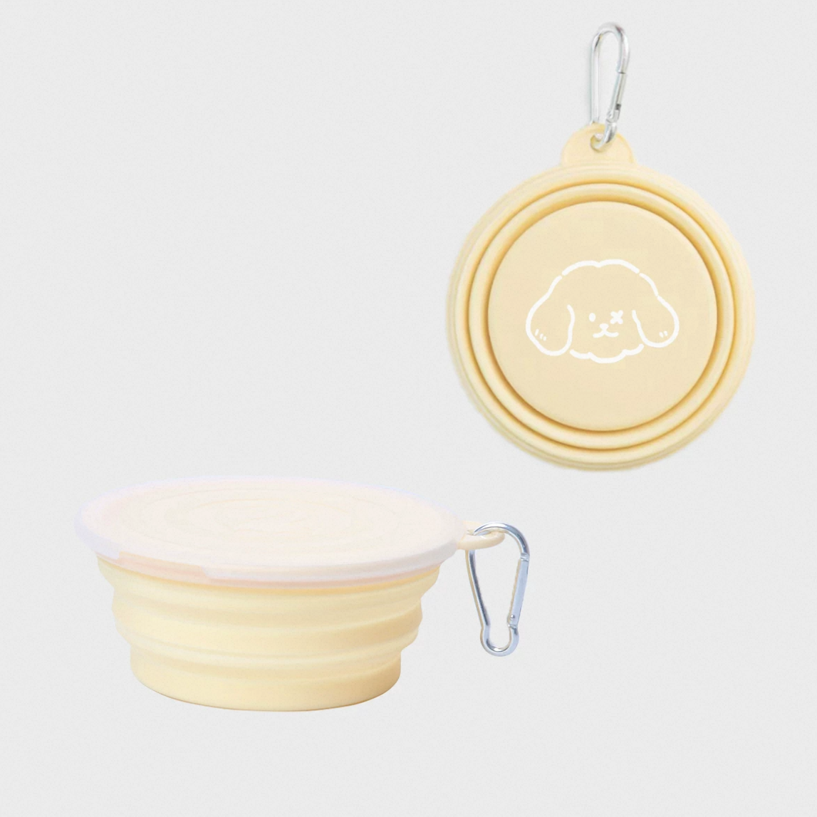 Yellow foldable pet travel bowl set with two stacked bowls and metal carabiner