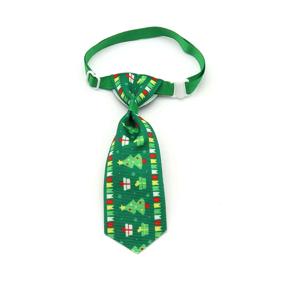 Pet bow tie with green strap and green holiday neck tie with festive grid pattern