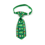 Pet bow tie with green strap and green holiday neck tie with festive grid pattern