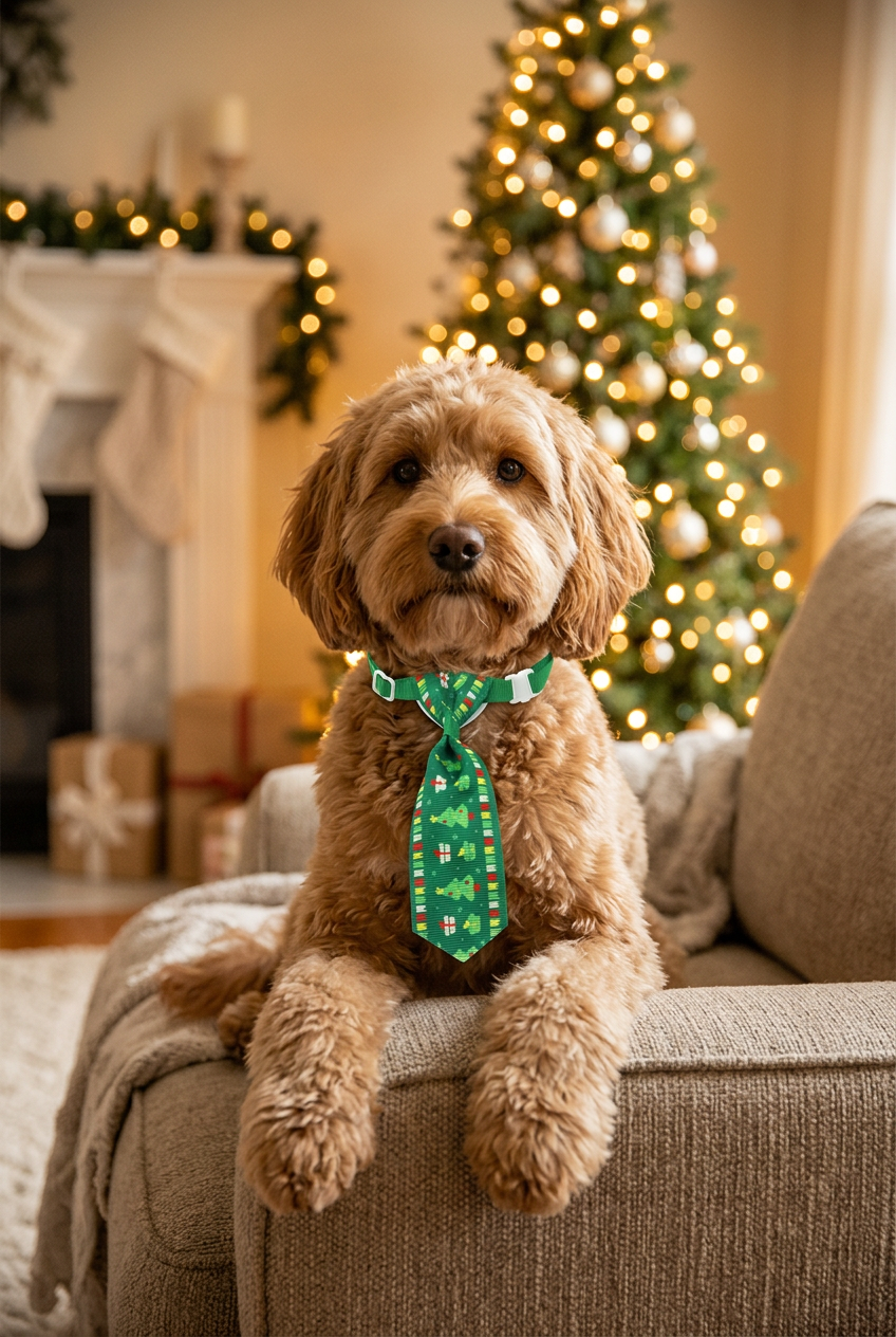 Pet Christmas necktie in green with holiday pattern, tied at the front.